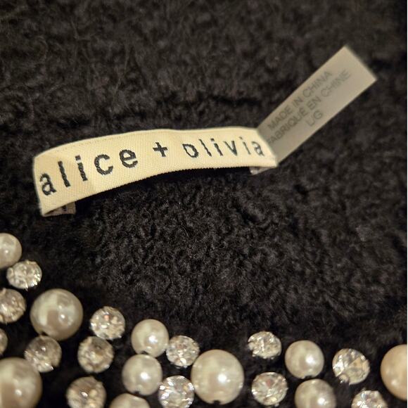 Alice + Olivia Devona Crystal Pearl Embellished Wool Blend Bouclé Black Cardigan - Picture 4 of 8